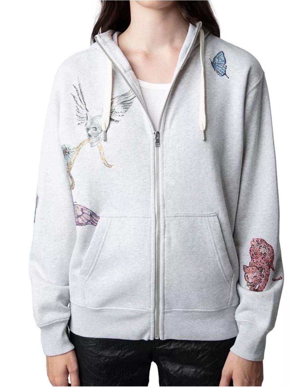 Zadig & Voltaire Light Gray Embroidered Zip Bomber Hoodie